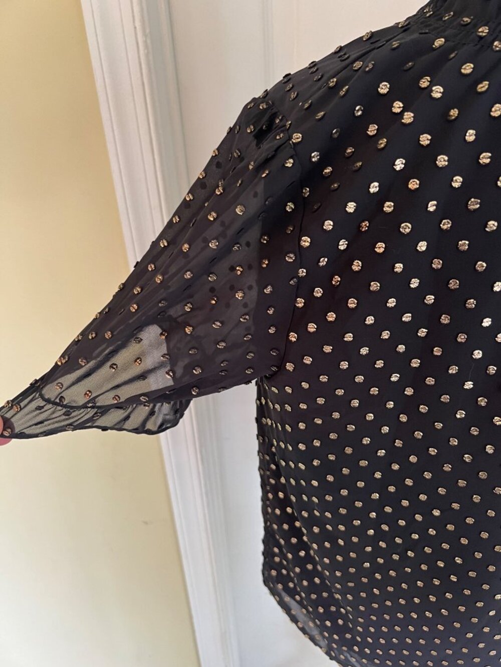 J.Crew Black Gold PolkaDot Short Sleeve Women's Blouse Holiday Career Business S - Picture 6 of 10
